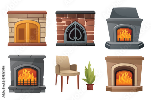 Fire place set. This illustration is a set of flat, cartoon-style design elements featuring a fire place. Vector illustration.