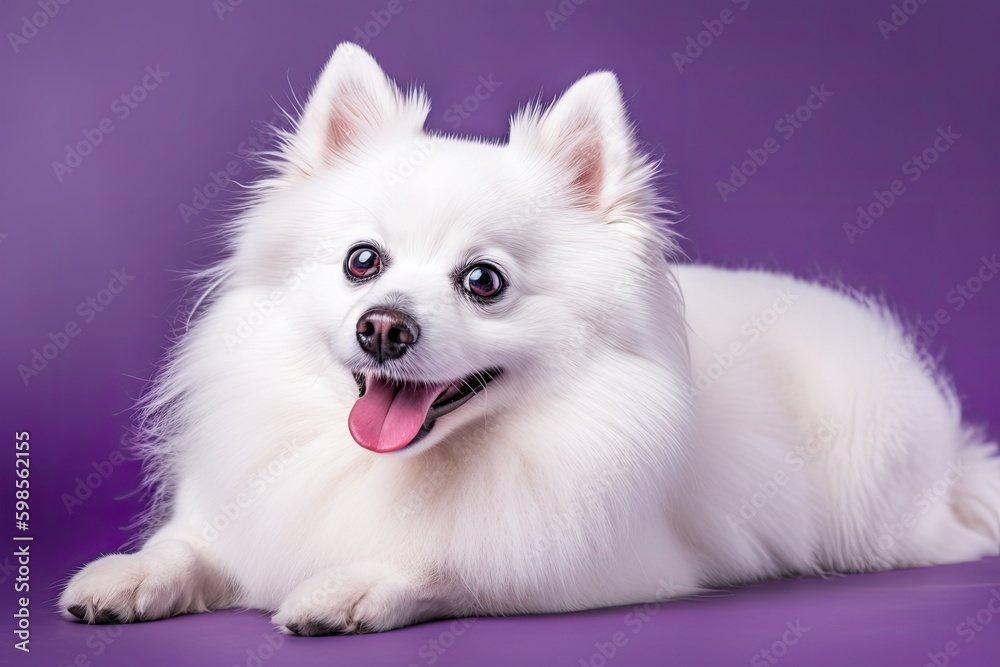 relaxed white dog on a vibrant purple background. Generative AI Generative AI