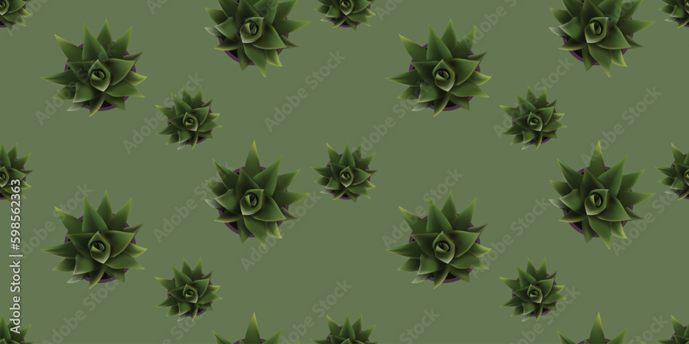 Seamless Texture of Many Green Ornamental Plants in Flowerpot, Above View - Lots of Home Plants Pattern on Dark Background - Seasonal Wallpaper Design, Template for Web in Editable Vector Format
