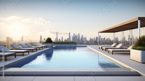  A chic and minimalist rooftop pool with comfortable lounge chairs, a built - in bar, and stunning skyline views. generative ai