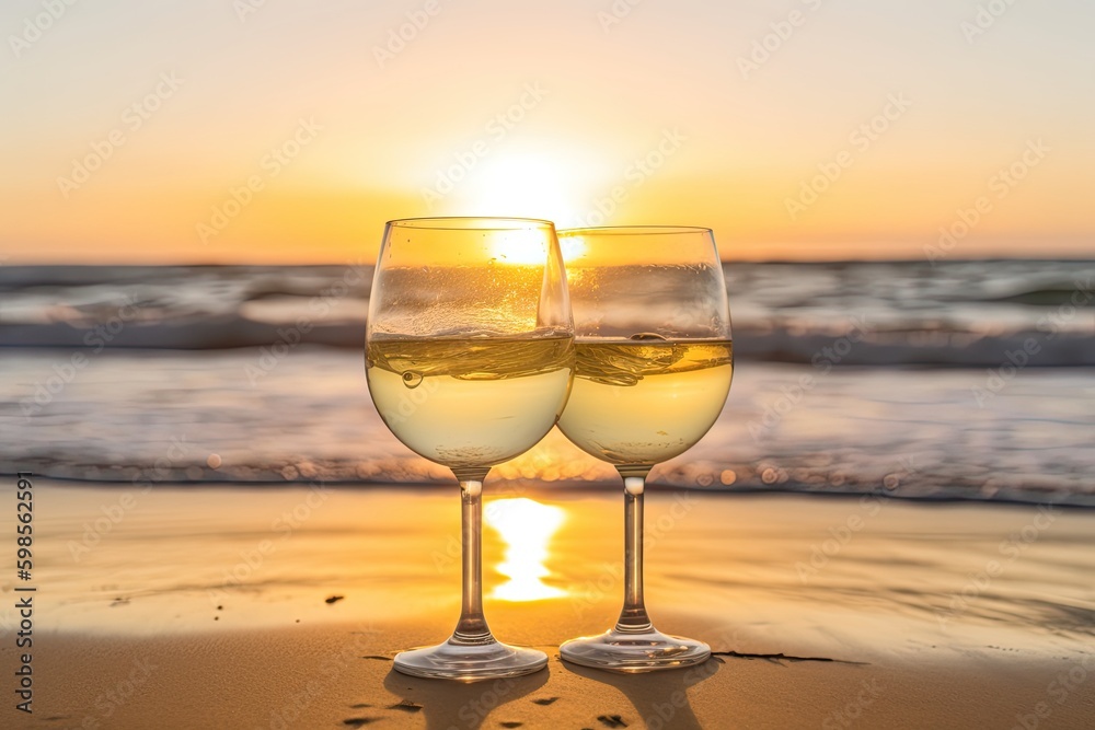 two wine glasses on a beach at sunset. Generative AI Generative AI two wine glasses on a beach at sunset. Generative AI Generative AI