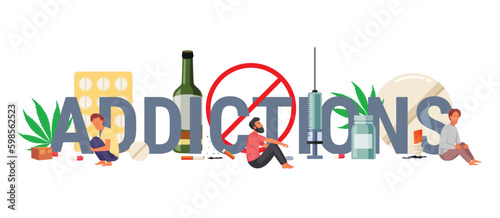 A person sitting in front of a word addiction with a syringe and a syringe in the middle