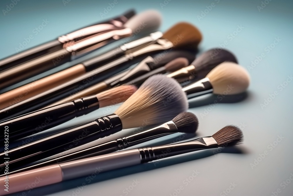 Set of Makeup Brushes , Essential Beauty Tools on Plain Background, Generative AI Set of Makeup Brushes , Essential Beauty Tools on Plain Background, Generative AI