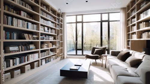  A contemporary and minimalist home library with built - in bookshelves, comfortable seating, and plenty of natural light. generative ai