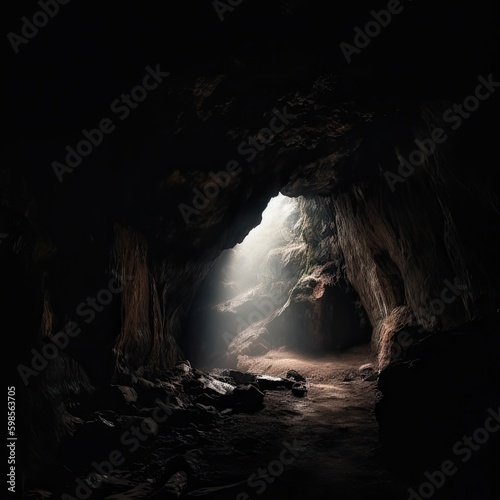  A dark  foreboding cave entrance with flickering torchlight and ominous shadows on a black background  awakening a sense of adventure and the unknown. generative ai