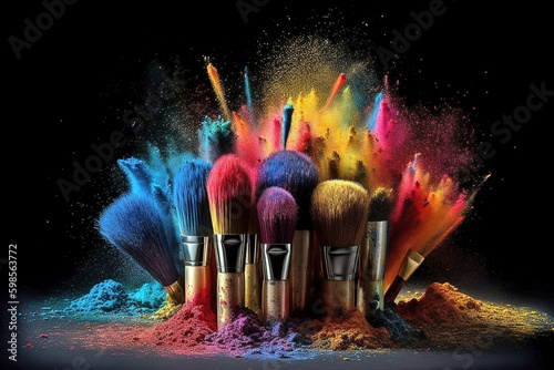 Delicate Rainbow Blush Powder on Makeup Brushes, Stunning Effect on Black Background, Generative AI