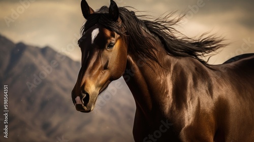  A dramatic portrait of a horse, with a sense of movement and energy against a blurred mountain backdrop. generative ai