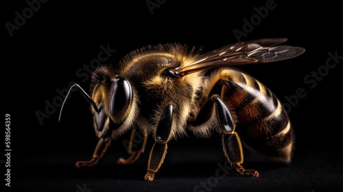  A dramatic shot of a honey bee on a stark black background, with intense lighting highlighting its intricate details. generative ai © 3D Station