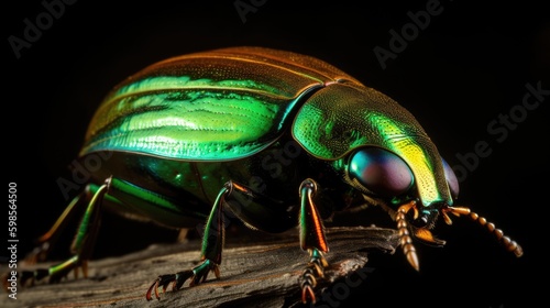  A dynamic close - up of a green June beetle, with bold colors and dramatic lighting. generative ai