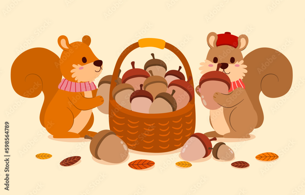 Fototapeta premium Squirrel collecting acorns in a basket