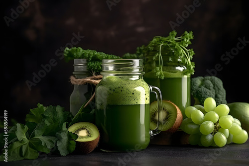 Glass jar mugs with green health smoothie. Raw  alkaline food concept. Banner  Generative AI