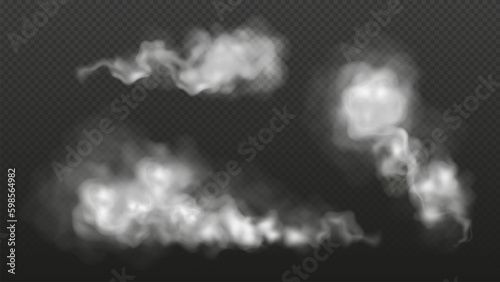 White dust, smoke or fog clouds on a transparent background. Powder or steam spray set, aerosol splash, foggy trail of car wheels. Vector illustration