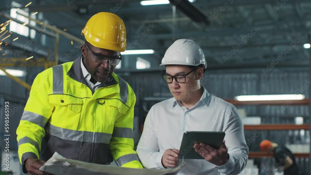 Asian engineer is holding tablet and gesturing. African-American employee in yellow vest and helmet holds blueprint. Two workers surrounded by equipment cooperate at construction site.