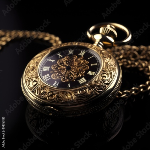  A highly detailed, vintage pocket watch with elegant engravings and a polished gold finish on a black background, symbolizing the passage of time and enduring craftsmanship. generative ai