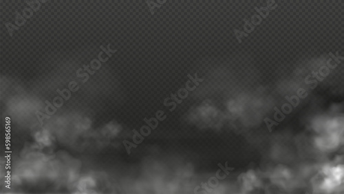 Fog, smoke, white smog clouds on floor, morning mist over the ground or water surface perspective view. Realistic 3d vector