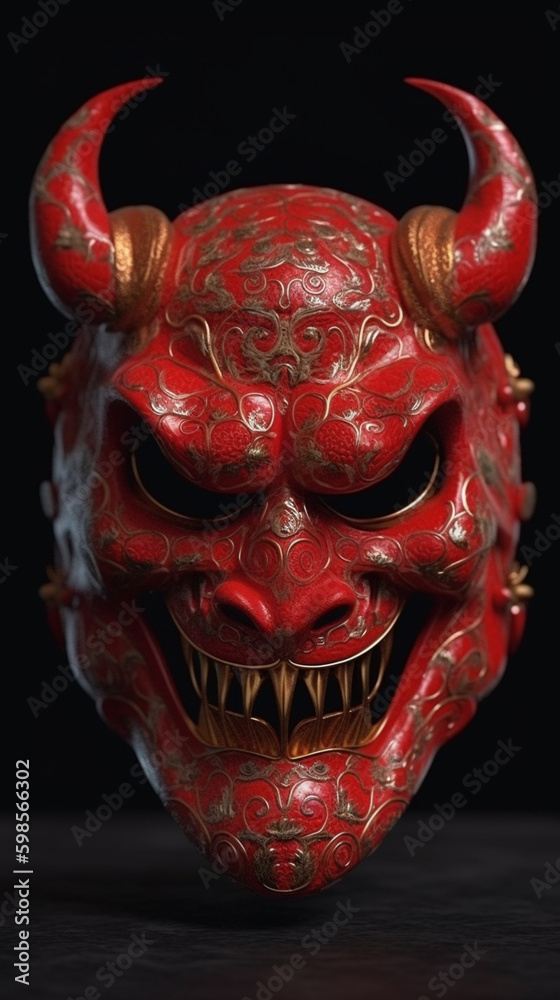 red oni mask isolated black background. Generative AI