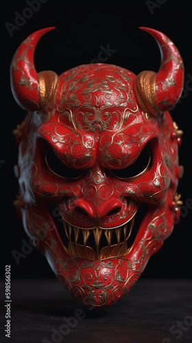 red oni mask isolated black background. Generative AI