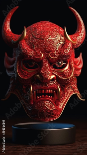 red oni mask isolated black background. Generative AI
