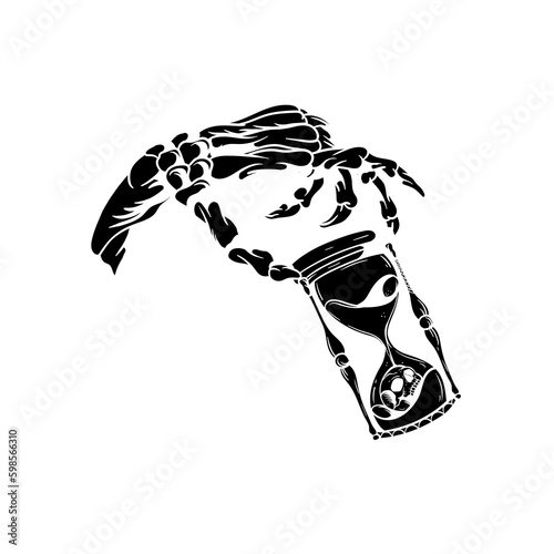 Hand drawn illustration of a skull hand holding an hourglass silhouette