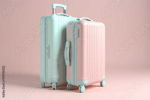 Two suitcases with the word travel on them. suitcases mock up pink background pastel colors
