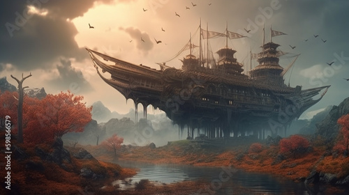 Scary Fantasy landscape with flying ship. Generative AI