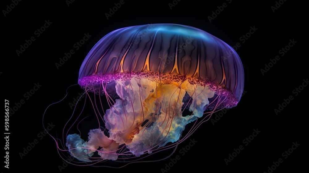 Fototapeta premium A mesmerizing image of a jellyfish, with ethereal colors and translucent tentacles against a dark ocean backdrop. generative ai