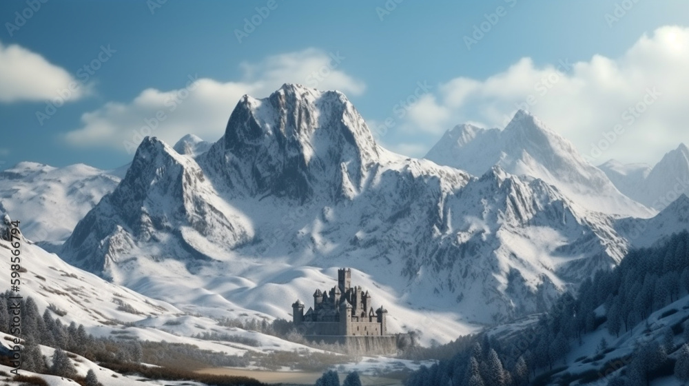 Frozen Castle in white Mountains. Generative AI