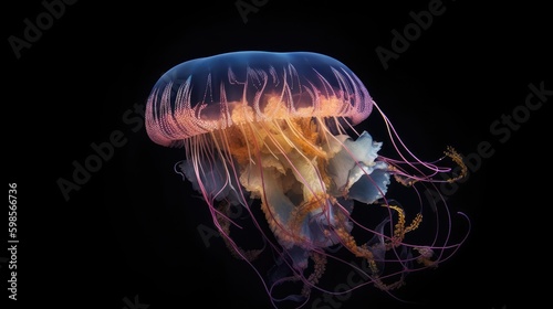  A mesmerizing image of a jellyfish, with ethereal colors and translucent tentacles against a dark ocean backdrop. generative ai © 3D Station
