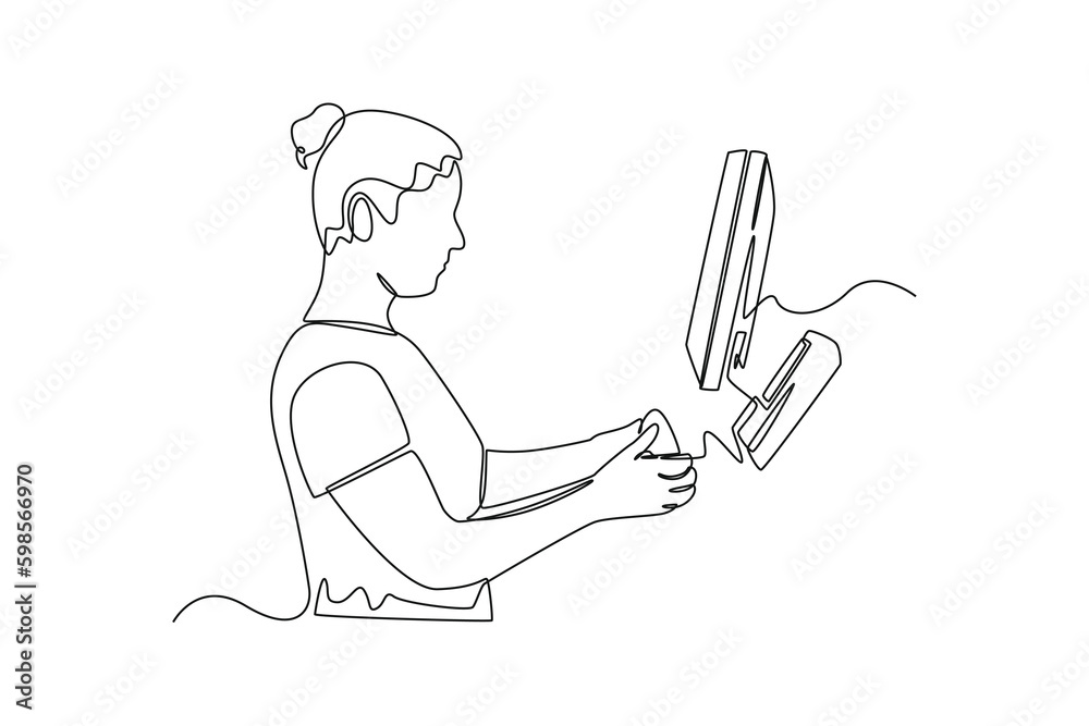 Continuous one line drawing retail woman cashier with barcode scanner. Business activity concept in market. Single line draw design vector graphic illustration.