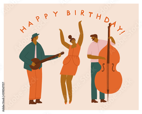Birthday greeting card with indie rock band with banjo, contrabass and a women singer. Music summer party or concert illustration in vector. Vector illustration Generative AI