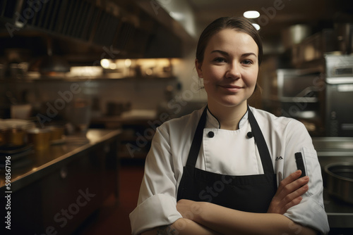 Portrait of a caucasian female chef working in a professional kitchen. Generative ai Generative AI
