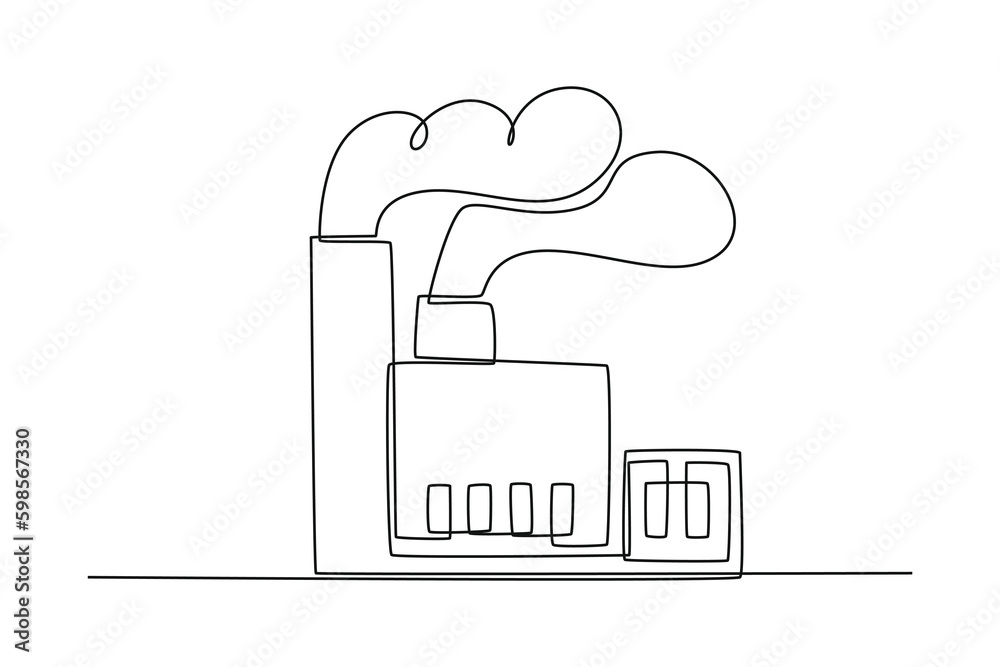 Continuous one line drawing factory pollution. World environment day concept. Single line draw design vector graphic illustration.