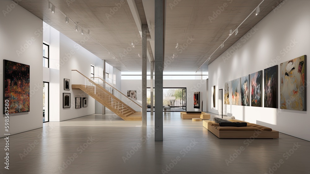  A modern and spacious art gallery with large windows, an open floor plan, and high ceilings. generative ai