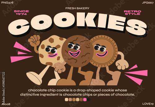 Cookie cartoon characters from the 90s.Trendy poster of fresh bakery. funny colorful doodles in hippie style. Vector groovy illustration with typography
