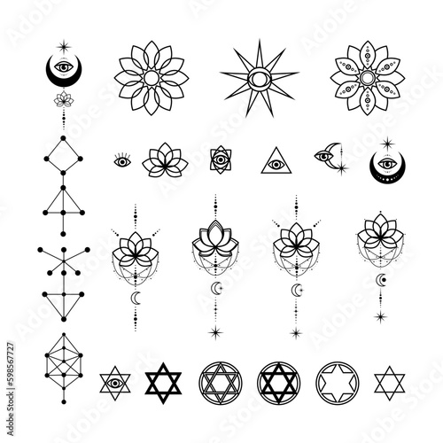 Astrological symbols of the moon sun stars, Esotericism and magic, Tattoo designs, Vector linear illustration. All-seeing eye Pentagram. Generative AI
