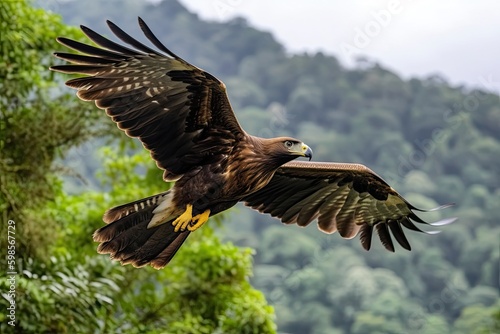 majestic bird soaring over a dense and verdant forest. Generative AI Generative AI