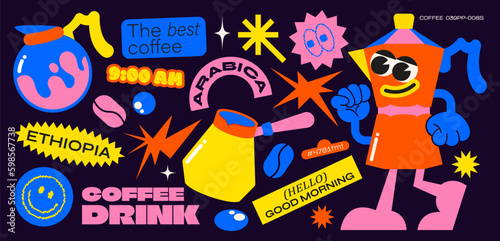 Retro coffee stickers hippie 90s groovy, elements of psychedelic acid. Retro characters.teapot, kettle, coffee maker, breakfast hippie style vector set of elements.