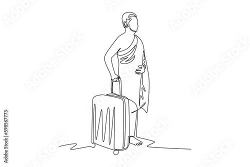 Continuous one line drawing a Muslim with his Ihram dress getting ready to go to pilgrimage carrying a suitcase. Hajj and umrah concept. Single line draw design vector graphic illustration.