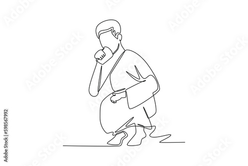 Continuous one line drawing a Muslim with his Ihram dress Drink zam zam water. Hajj and umrah concept. Single line draw design vector graphic illustration. photo