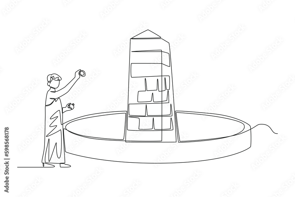 Continuous one line drawing a Muslim with his Ihram dress throw stones at Jamarat walls. Hajj and umrah concept. Single line draw design vector graphic illustration. Continuous one line drawing a Muslim with his Ihram dress throw stones at Jamarat walls. Hajj and umrah concept. Single line draw design vector graphic illustration.