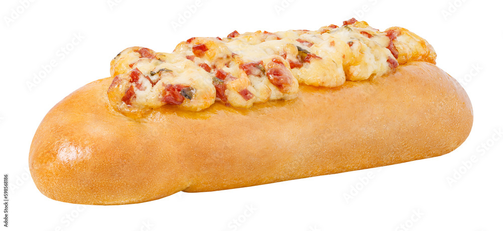 Mini pizza long with salami on bread loaf, side view isolated on transparent background Mini pizza long with salami on bread loaf, side view isolated on transparent background