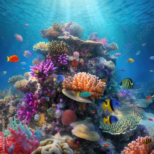  A vibrant, sunlit coral reef teeming with diverse marine life and colorful formations on a white background, celebrating the richness and beauty of the underwater world. generative ai © 3D Station