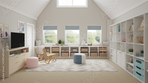  A modern and spacious playroom with plenty of storage, fun decor, and plenty of natural light. generative ai