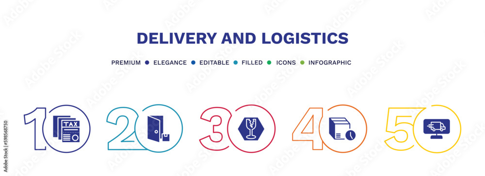 set of delivery and logistics filled icons. delivery and logistics filled icons with infographic template. flat icons such as tax free, delivery to the door, fragile, time, monitor vector.