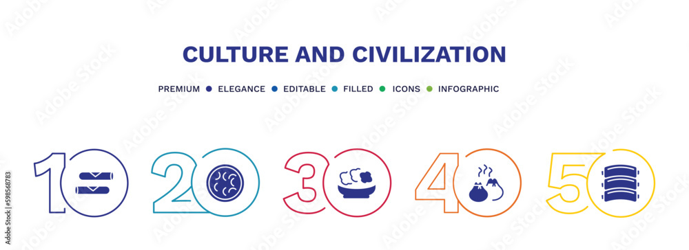 set of culture and civilization filled icons. culture and civilization filled icons with infographic template. flat icons such as spring rolls, fabada, onion patties, dumplings, pork ribs vector.