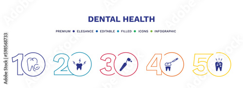 set of dental health filled icons. dental health filled icons with infographic template. flat icons such as dental checkup, toothache, dentists drill tool, tooth filling, decay vector.