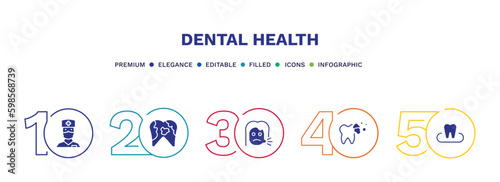 set of dental health filled icons. dental health filled icons with infographic template. flat icons such as male nurse, dental plaque, sick girl, tooth cleaning, occlusal vector.