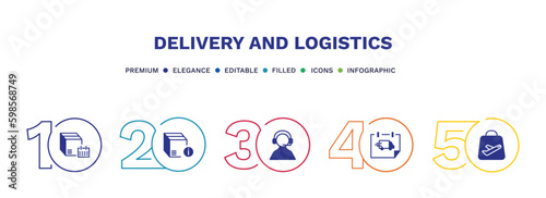 set of delivery and logistics filled icons. delivery and logistics filled icons with infographic template. flat icons such as delivery schedule, info, support, day, duty free vector.
