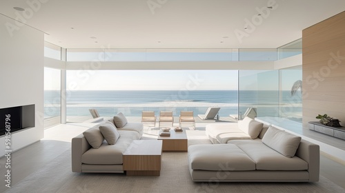  A modern beach house with panoramic ocean views  a minimalist design  and a neutral color palette. generative ai