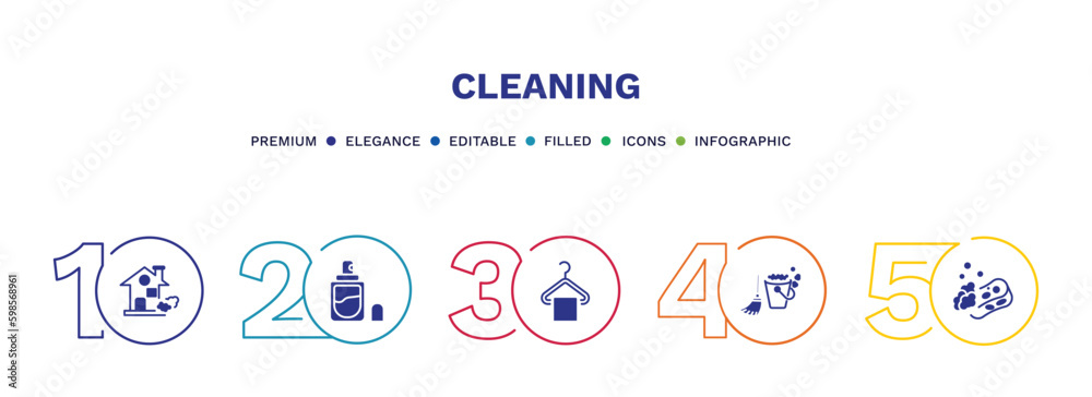 set of cleaning filled icons. cleaning filled icons with infographic template. flat icons such as house, perfume cleanin, hanger cleanin, mop cleanin, sponge vector.